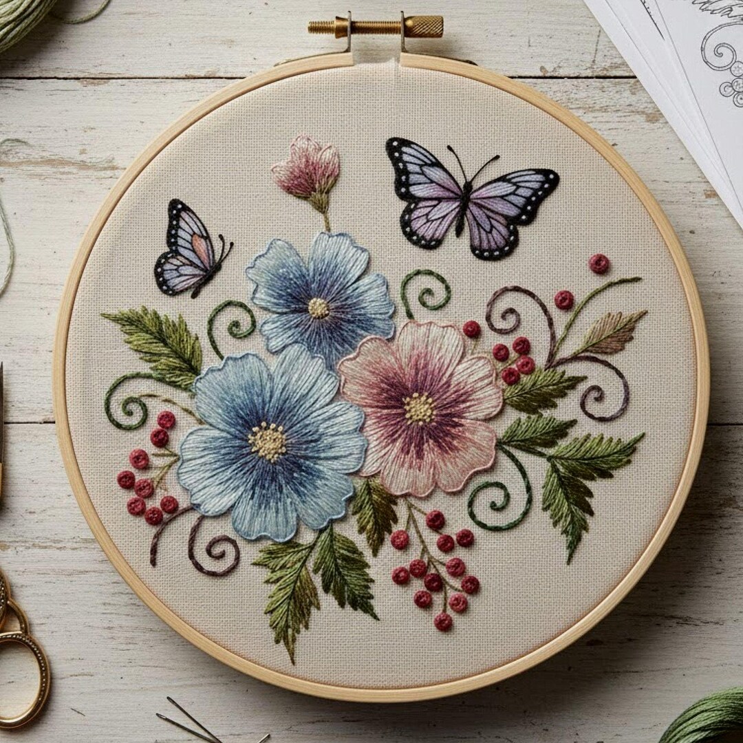 Butterfly Bloom Floral Hoop – Hand Embroidery Pattern, Vintage ...