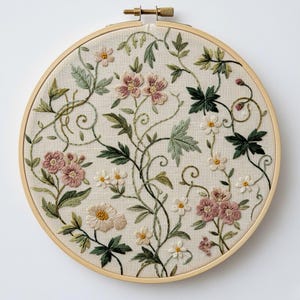May include: A detailed floral embroidery in a wooden hoop. The design features pink and white flowers, green leaves, and vines on a cream-coloured fabric. The embroidery is secured in a round wooden hoop with a brass screw.