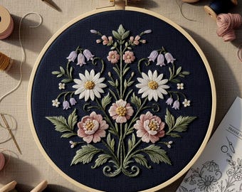 Symmetrical Floral Embroidery Pattern, Vintage Hoop Art Design, Beginner Hand Embroidery PDF