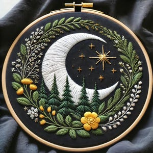Flower Moon Embroidery Pattern: Floral Celestial Design (PDF)