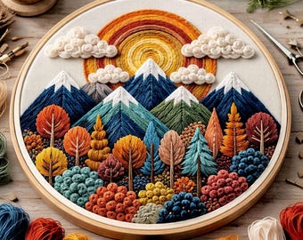 湖の風景の刺繍パターン、穏やかな手刺繍、風景ステッチ PDF、DIY