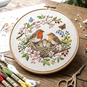 May include: An embroidery hoop containing a fabric piece with a hand-stitched design of two adult robins and three chicks in a nest, surrounded by a wreath of pink cherry blossoms, green leaves, small yellow flowers, and two butterflies.
