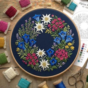 Alpine Wildflower Embroidery Pattern, Edelweiss Floral Wreath Hoop Art (Digital Download)