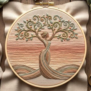 May include: A handcrafted embroidery hoop featuring a tree-woman design. The artwork uses shades of brown, green, and orange thread. The tree's branches and leaves are detailed with small, embroidered accents, and the background has a sunset-like gradient.