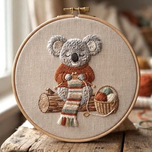 May include: A circular wooden embroidery hoop containing a fabric panel with a hand-stitched koala wearing a rust-colored sweater. The koala sits on a brown log, knitting a striped scarf with yarn from a small woven basket beside it.