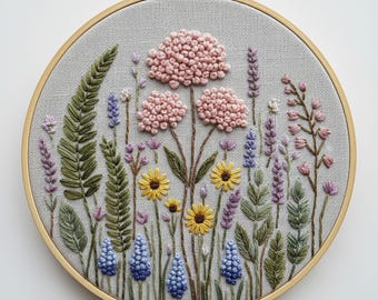 Blumenwiese Stickmuster • Modernes Wildblumen Design (PDF)