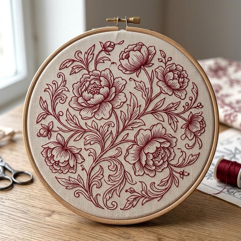 Vintage Redwork Floral Embroidery Pattern, Elegant Line Art Flowers ...