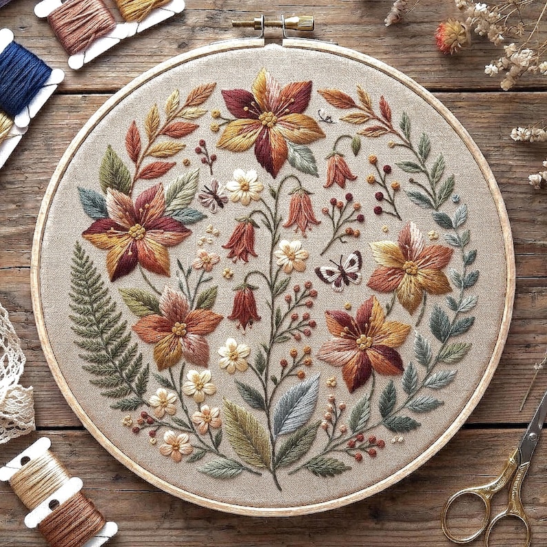 Autumn Floral Embroidery Pattern, Burgundy Terracotta Flowers, Hoop Art ...