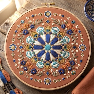 Puede incluir: Un bastidor de bordado circular con una tela de color terracota que presenta un complejo patrón geométrico y floral simétrico, bordado en tonos azul oscuro, blanco, verde azulado y amarillo mostaza, con un motivo central en estrella.