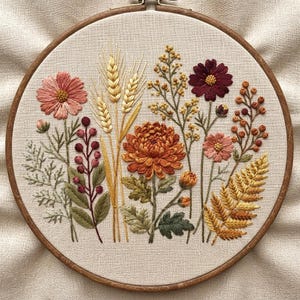 May include: A circular wooden embroidery hoop containing a fabric panel with a detailed botanical design. The embroidery features a central orange chrysanthemum, wheat stalks, pink and dark red flowers, berries, and golden fern leaves.