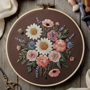 May include: A detailed embroidery of a floral bouquet in a wooden hoop. The design features daisies, roses, and other flowers in shades of white, pink, and peach, with green leaves against a brown background. The hoop is approximately 10 inches in diameter.