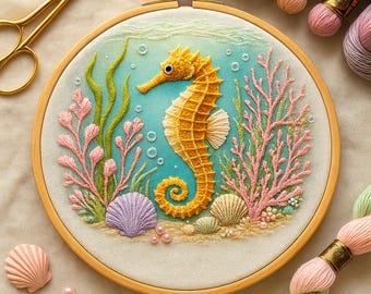 Seahorse Embroidery Pattern | Coral Reef Ocean Design (Digital Download)