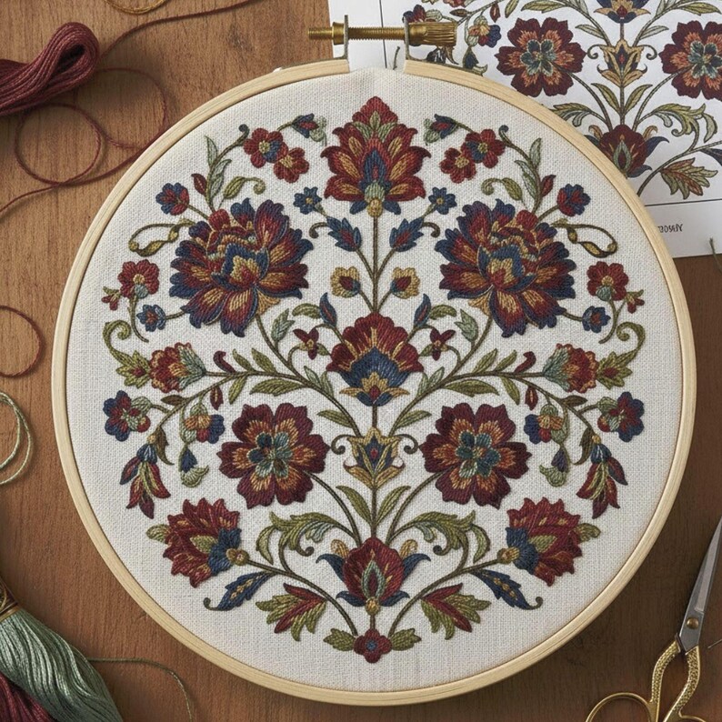 Vintage Floral Embroidery Pattern – Ornate Symmetrical Hoop Art Design ...