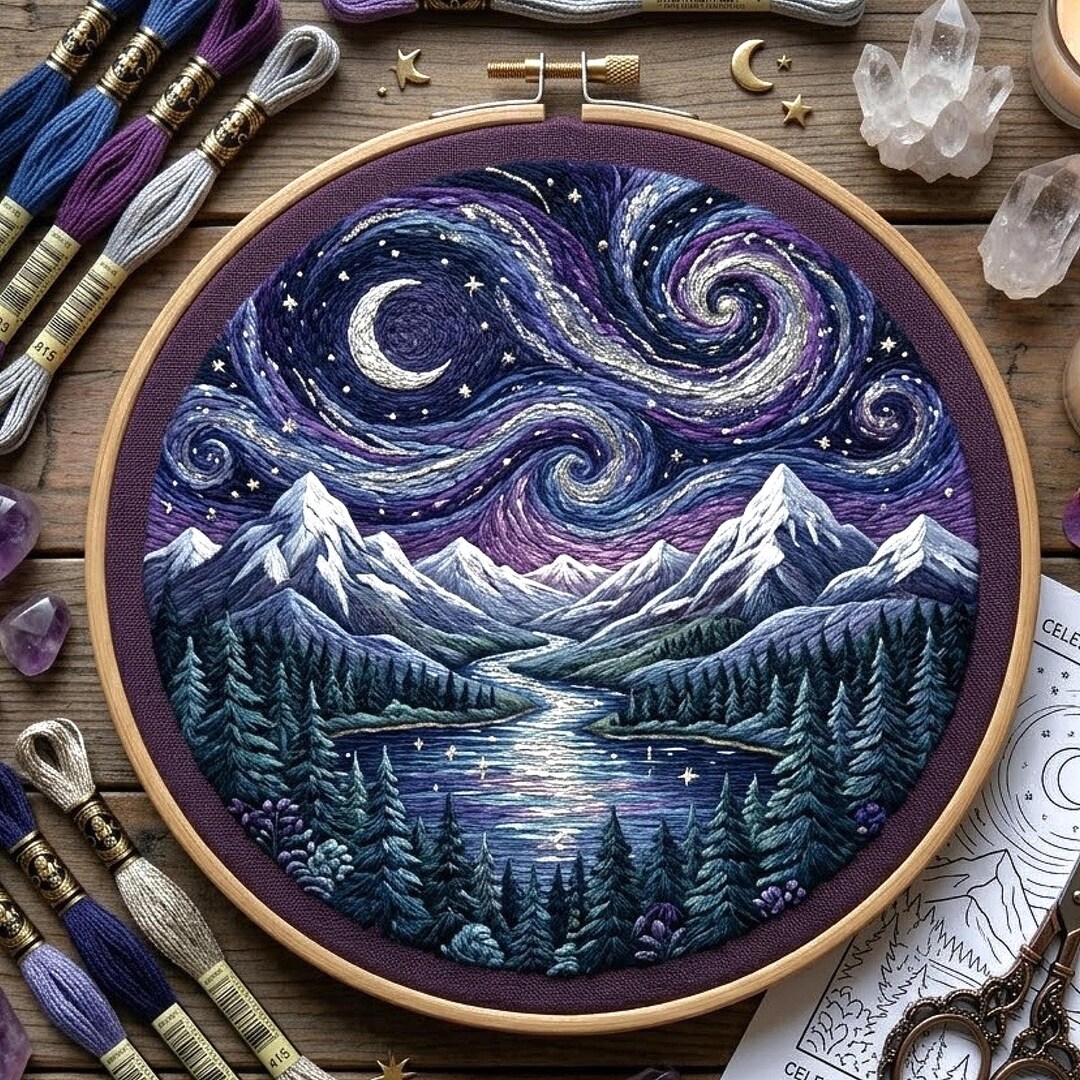 Celestial Mountain Landscape Embroidery Pattern, Moonlit Night Sky Hoop ...