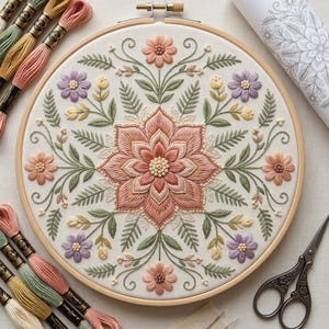 Peut inclure: Un cercle de broderie avec un motif floral détaillé. Le motif central est une fleur rose et pêche, entourée de feuilles vertes et de petites fleurs violettes et jaunes. Des échevettes de fil et des ciseaux sont également visibles.