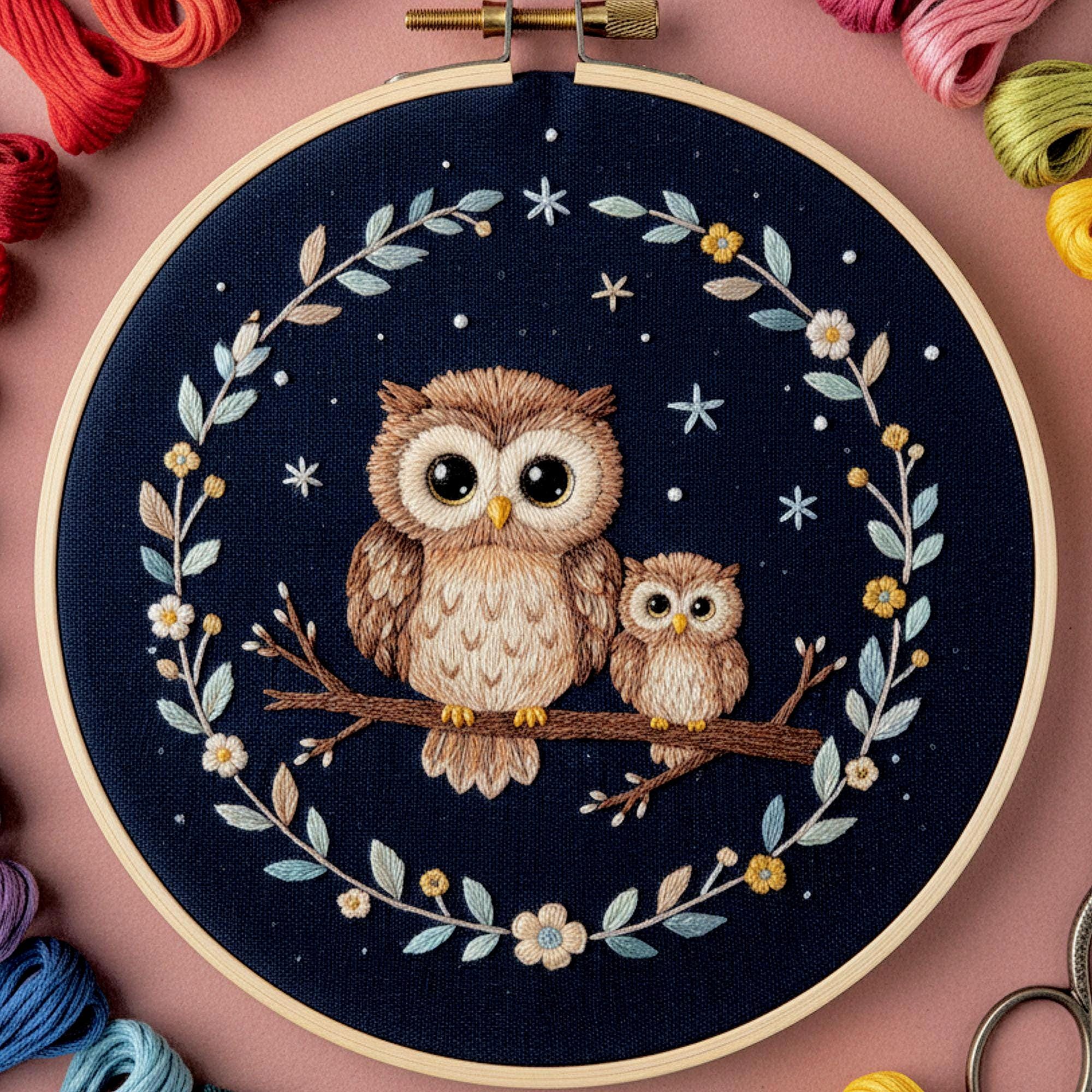 Owl Family Hand Embroidery Pattern, Floral Wreath Night Sky Hoop Art ...