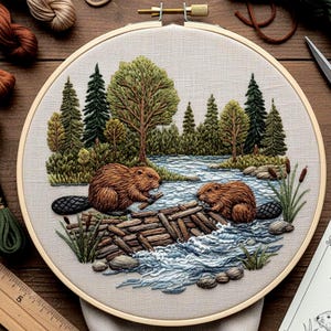 May include: A round embroidered artwork depicts a forest scene with two brown beavers constructing a dam in a river. The scene includes trees, water, and rocks, rendered in shades of green, brown, and blue, all within a circular frame.