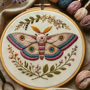 Op de afbeelding: Een gedetailleerde borduurwerk van een nachtvlinder met ingewikkelde vleugelpatronen in bruin, roze, blauw en geel, geplaatst in een houten borduurring. De nachtvlinder is omringd door geborduurde bloemelementen.