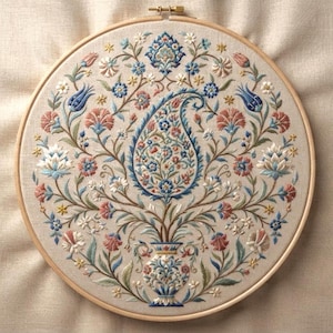 May include: A circular wooden embroidery hoop containing a beige fabric panel with a detailed floral and paisley design. The embroidery features a central vase motif with blue, pink, and green thread, surrounded by symmetrical botanical patterns.