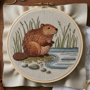 May include: A hand-stitched embroidery hoop featuring a brown beaver sitting near a blue and green water scene. The beaver has a detailed fur texture and is surrounded by green reeds. The embroidery is set in a wooden hoop on a beige fabric.