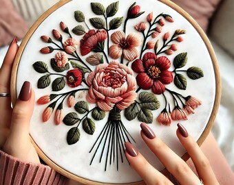 Elegant Floral Bouquet Embroidery Hoop, A Masterpiece of Handcrafted Beauty, Embroidery pattern Perfect for floral Decor and Handmade Gifts