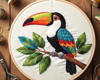 Patrón de bordado de tucán tropical • Punto moderno a mano (PDF)
