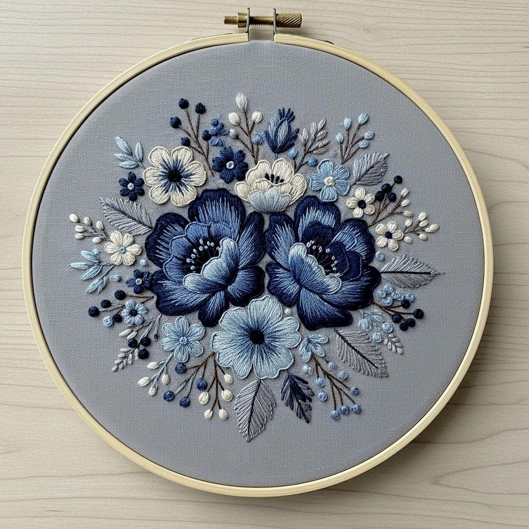 Blue Floral Embroidery Pattern – Modern Monochrome Flower Hoop Art PDF ...