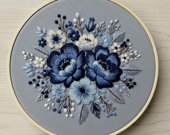 Patrón de bordado floral azul: Diseño PDF de arte moderno de aro floral monocromático