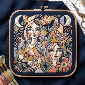 May include: A square embroidery hoop featuring a colorful, detailed embroidery design. The artwork depicts two stylized female faces, birds, flowers, and crescent moons, all in a palette of muted oranges, yellows, and purples against a dark blue background. The hoop is made of wood.