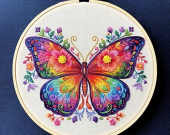 Colorful Butterfly Embroidery Patterns, Floral Hand Embroidery Design, Modern Hoop Art PDF