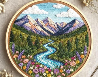 湖の風景の刺繍パターン、穏やかな手刺繍、風景ステッチ PDF、DIY