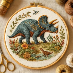 May include: Embroidered hoop art featuring a detailed Triceratops dinosaur in shades of blue, orange, and yellow. The design includes a smaller dinosaur and floral elements. The artwork is set against a cream-colored fabric within a wooden hoop.