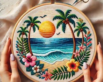 Tropical Paradise Embroidery Design: Palm Trees, Ocean Waves, and Flowers in a Stunning Hand-Stitched Beach Scene PDF Pattern
