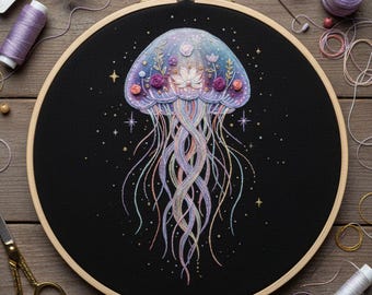 Floral Jellyfish Embroidery Pattern | Modern Cosmic Hoop Art PDF | Beginner Hand Embroidery Design