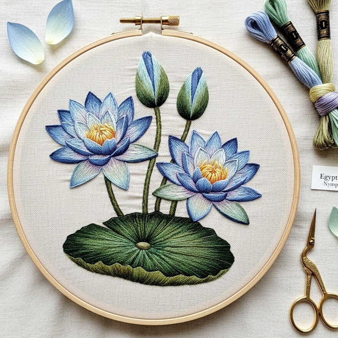 Blue Lotus Embroidery Pattern | Water Lily Floral Hand Embroidery ...