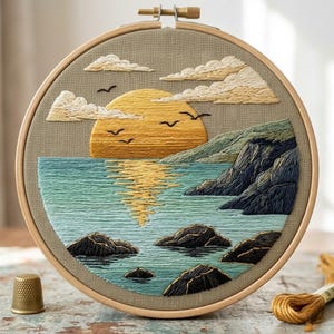 Ocean Sunset Embroidery Pattern, Coastal Landscape Hoop Art, Seaside Needlework Design (Digital Download)