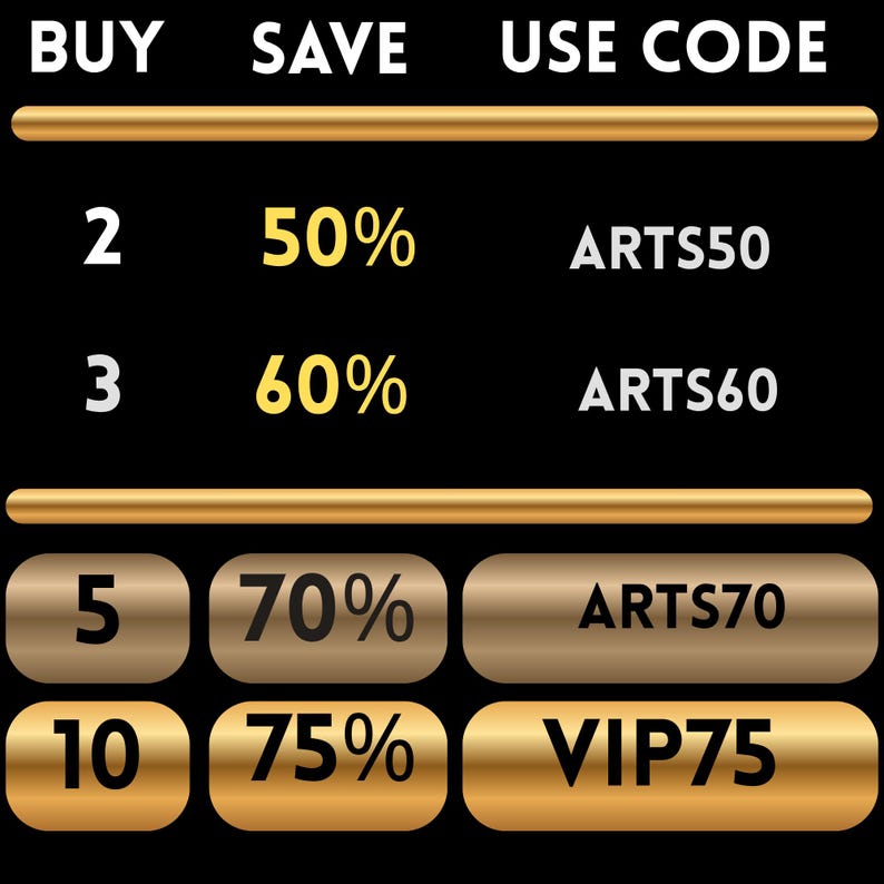 May include: Black background with gold text and accents. The image displays discount offers: Buy 2, Save 50%, Use Code ARTS50; Buy 3, Save 60%, Use Code ARTS60; Buy 5, Save 70%, Use Code ARTS70; Buy 10, Save 75%, Use Code VIP75.