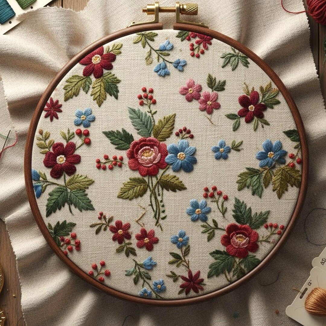 Vintage Floral Embroidery Pattern – Colorful Botanical Hoop Art Design ...