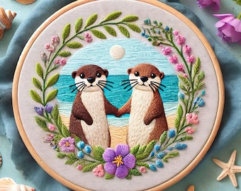 Adorable Embroidery pattern pdf of Otters in Love,Hand Embroidery Hoop Art with Floral Wreath on Ocean Blue Fabric,DIY Gift,Embroidery pdf