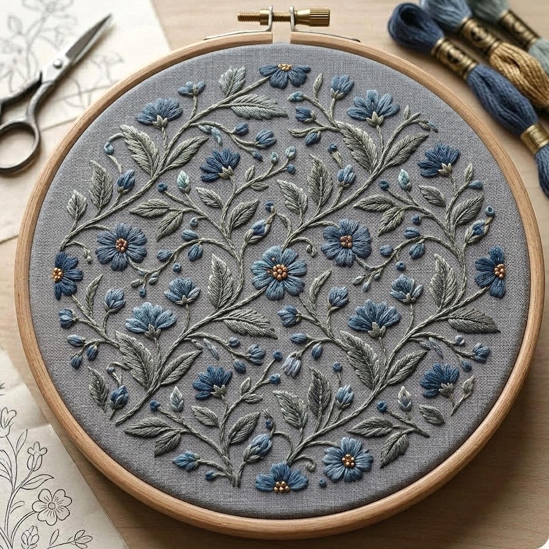 Blue Wildflower Wreath Embroidery Pattern, Botanical Hoop Art PDF ...