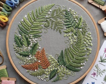 Fern Wreath Embroidery Pattern, Botanical Woodland Leaf Hoop Art (PDF Download)