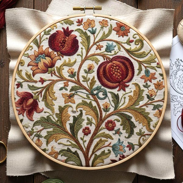 Vintage Floral Embroidery Pattern with Ornate Leaves | Hand Embroidery Hoop Art | Digital Download