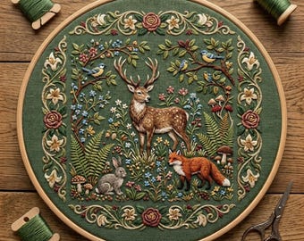 May include: A circular wooden embroidery hoop containing a green fabric panel with a detailed needlework scene of a deer, a fox, and a rabbit surrounded by flowers, ferns, and mushrooms. Two spools of green thread and metal scissors are included.