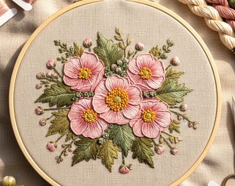 Pink Floral Hand Embroidery Pattern, Vintage Flower Hoop Design, Printable PDF