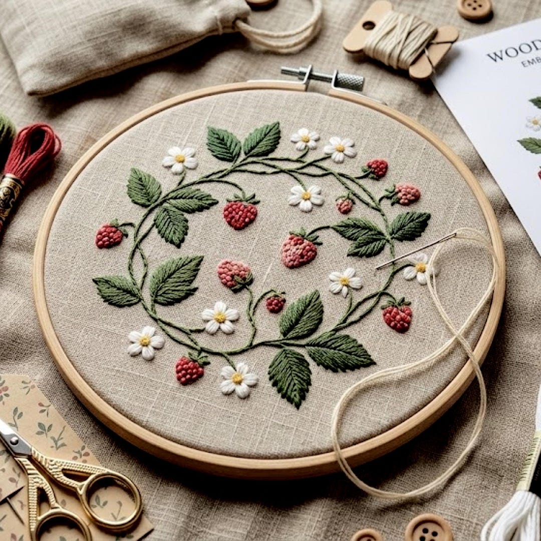 Strawberry Floral Wreath Embroidery Pattern, Botanical Hoop Art (PDF ...