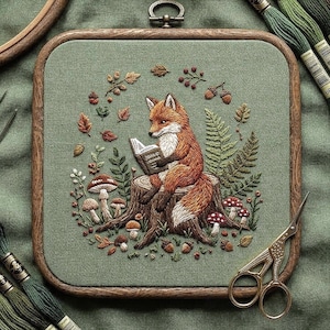 Peut inclure: Broderie représentant un renard lisant un livre sur une souche d'arbre, entouré de champignons, de feuilles et de fougères. La broderie est dans un cadre en bois carré avec un fond vert.