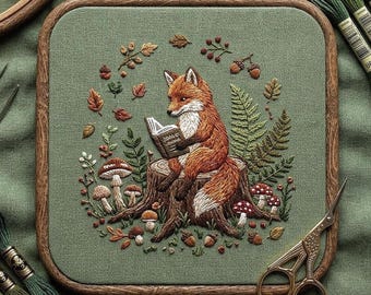 Może przedstawiać: Haftowane dzieło sztuki przedstawiające lisa czytającego książkę, otoczonego grzybami, liśćmi i paprociami. Haft znajduje się w kwadratowej drewnianej ramie z zielonym tłem.
