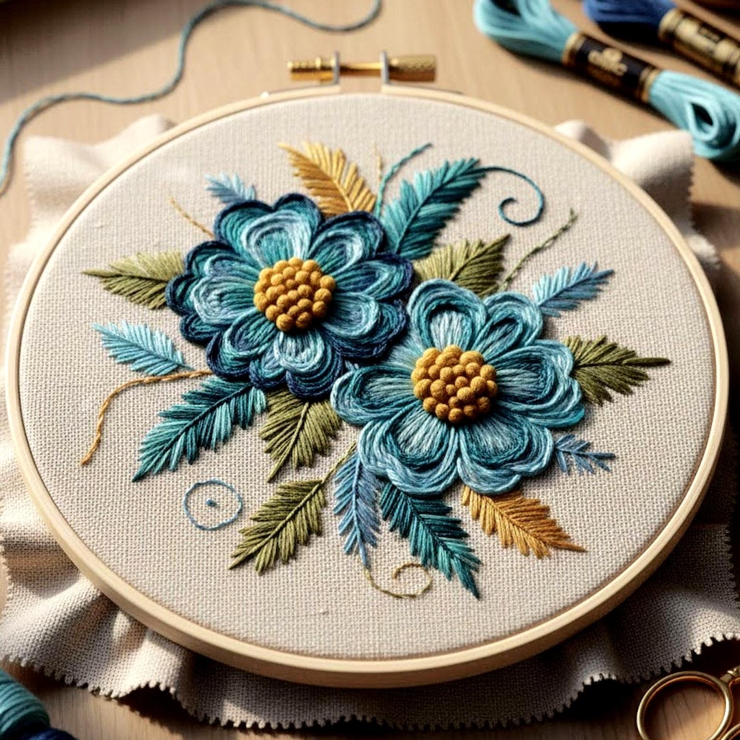 Blue Floral Hand Embroidery Pattern, Vintage Botanical Hoop Art (PDF ...