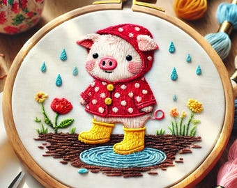 Pig in Raincoat Hand Embroidery Pattern | Beginner Hoop Art (PDF)