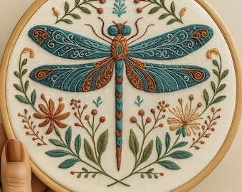トンボの刺繍パターン：DIY花昆虫フープアート（デジタルダウンロード